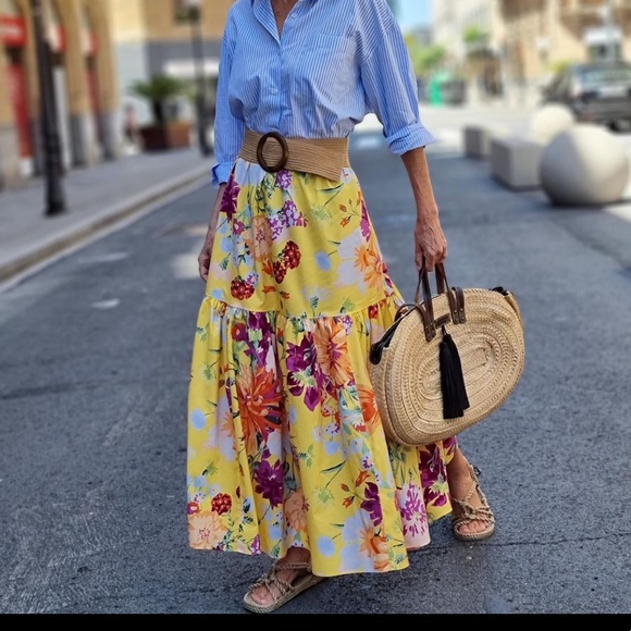 Floral Maxi Skirt Outfit Ideas Mustard Skirt Floral Ruffled